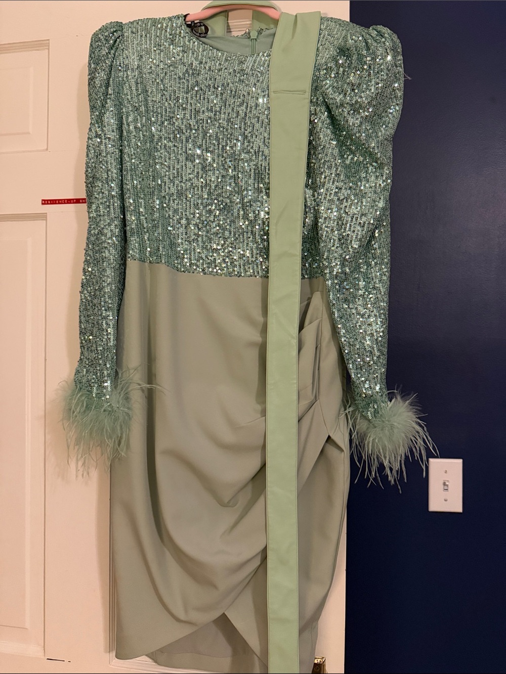 Lavish Alice Mint Green Sequin & Feather-Trim Long Sleeve Dress